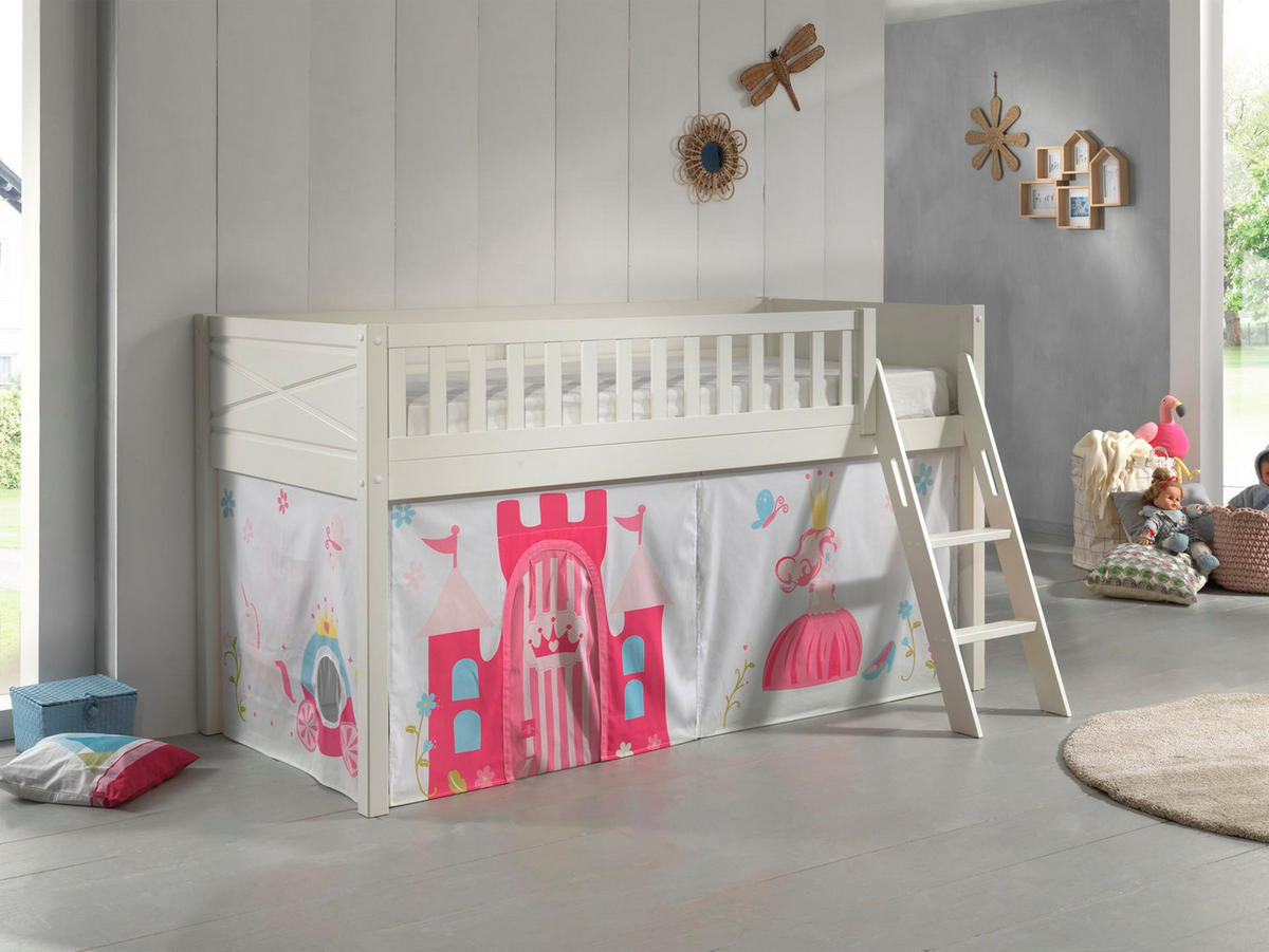 KINDERBETT Karyl 208x114x135 Massivholz Weiß Textilset Princess 1 - Magenta/Weiß, Holz (90/200cm) - 58aufmkessel