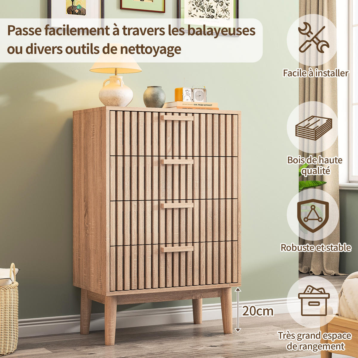 HOLZKOMMODE 4 Schubladen Rillenmuster stabil robust - Naturfarben, Holzwerkstoff (34/91/60cm) - SHOPENTRA