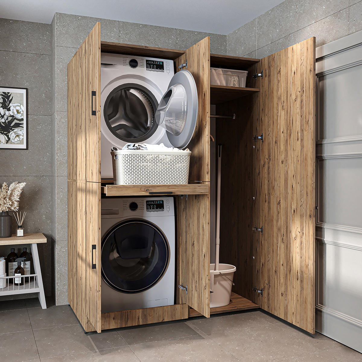 WASCHMASCHINENSCHRANK DORA-I 130cm Breit, 186cm Hoch - Eichefarben, Holzwerkstoff (130/186/73.8cm)