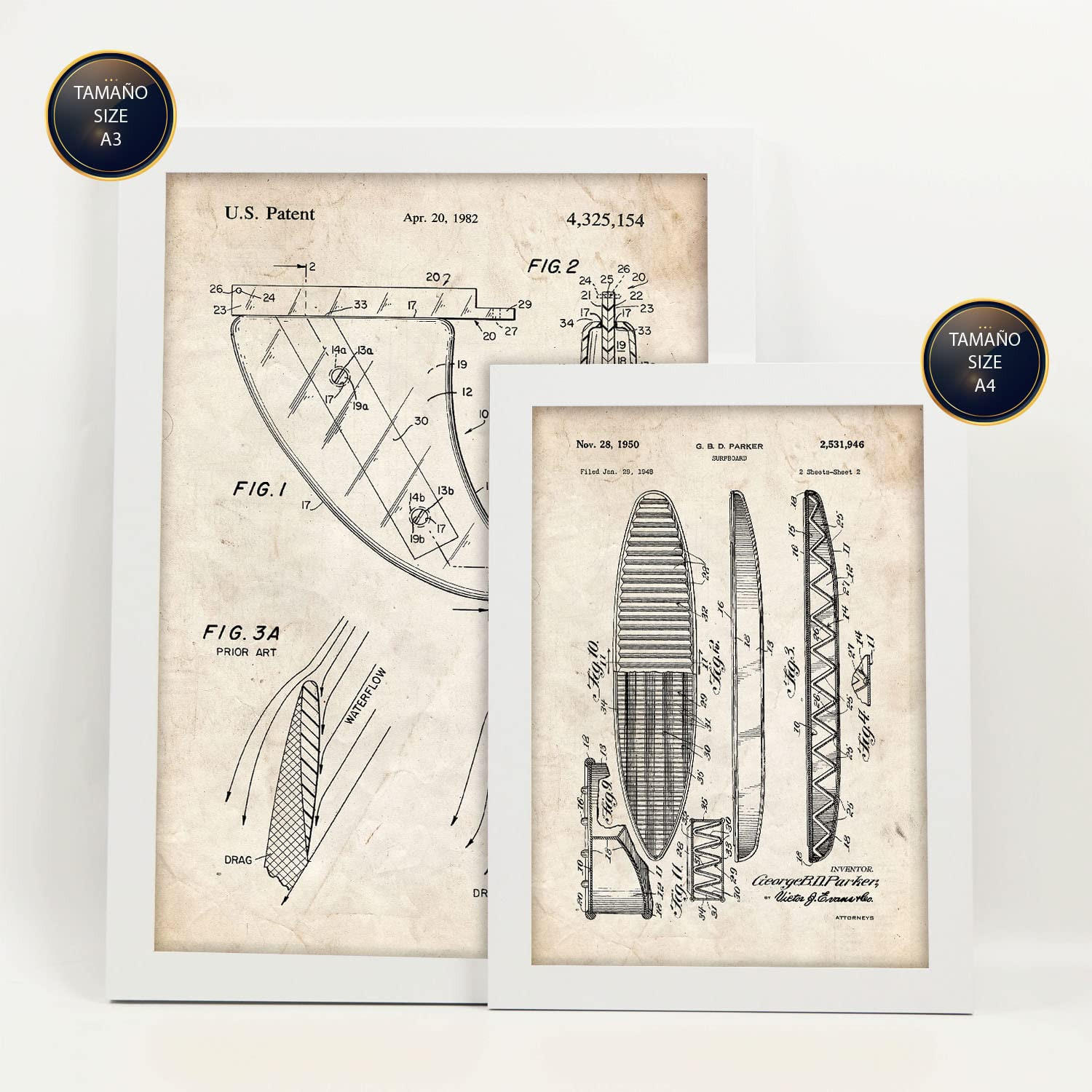 POSTER Set Mit 6 Plakaten Mit Surfen Patenten Im Vintage Stil A3 & A4 Weißer Rahmen - Weiß, Papier (29/3cm) - Nacnic