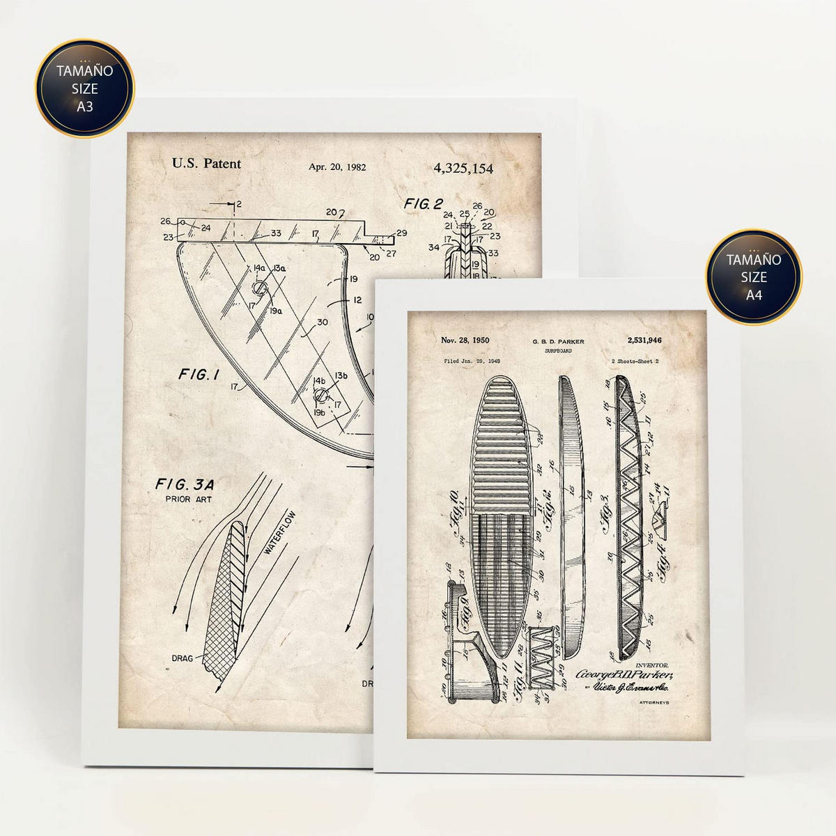 POSTER Set Mit 6 Plakaten Mit Surfen Patenten Im Vintage Stil A3 & A4 Weißer Rahmen - Weiß, Papier (29/3cm) - Nacnic