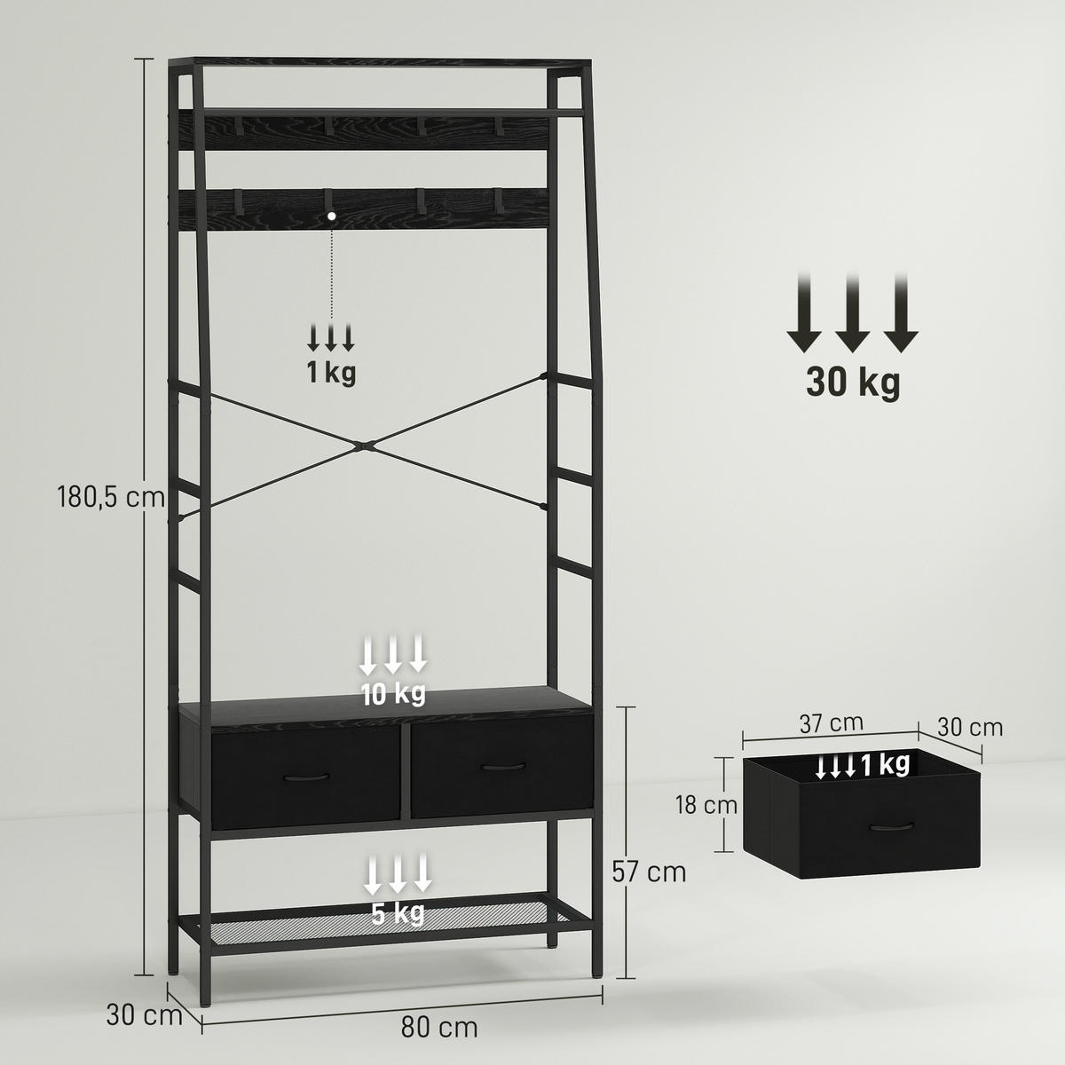 GARDEROBENSTÄNDER DE-09728 Schwarz - Schwarz, Holzwerkstoff/Metall (30/180.5/80cm) - ComfortXL