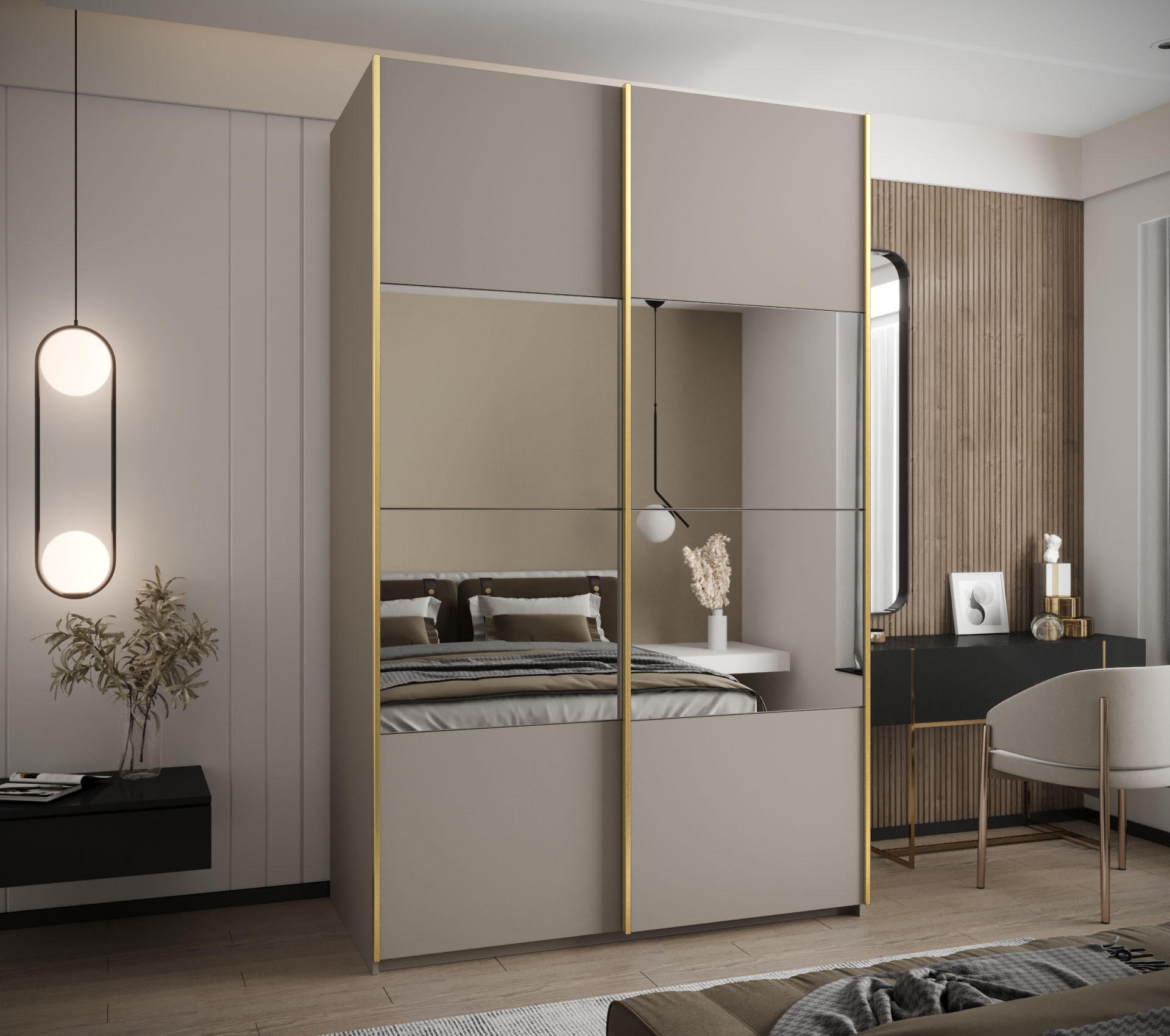 SCHWEBETÜRENSCHRANK 245,5/160/64 2-türig - Kaschmir/Goldfarben, Holz/Metall (160/245/64cm) - Abiks Möbel