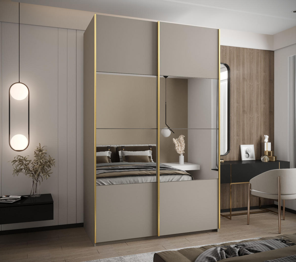 SCHWEBETÜRENSCHRANK 245,5/150/64 2-türig - Kaschmir/Goldfarben, Holz/Metall (150/245/64cm) - Abiks Möbel