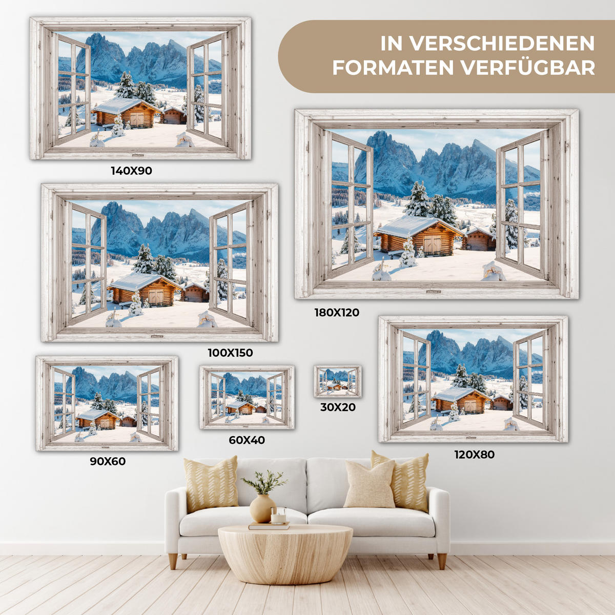 LEINWANDBILD Winterlandschaft - Hütte - Berge - Ausblicke - Aussicht - Natur XXL 150x100 cm - Weiß Hochglanz, Textil (150/100cm) - MuchoWow