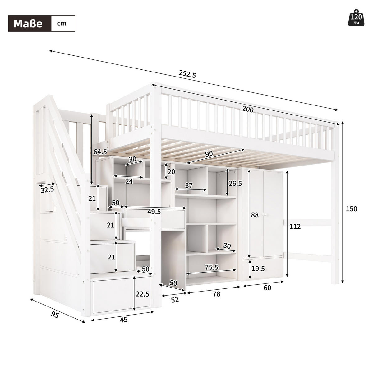 VYSOKÁ posteľ 90/200 cm biela z masívneho dreva a MDF s písacím stolom schodmi a úložným priestorom - biela, kompozitné drevo (90/200cm) - OKWISH