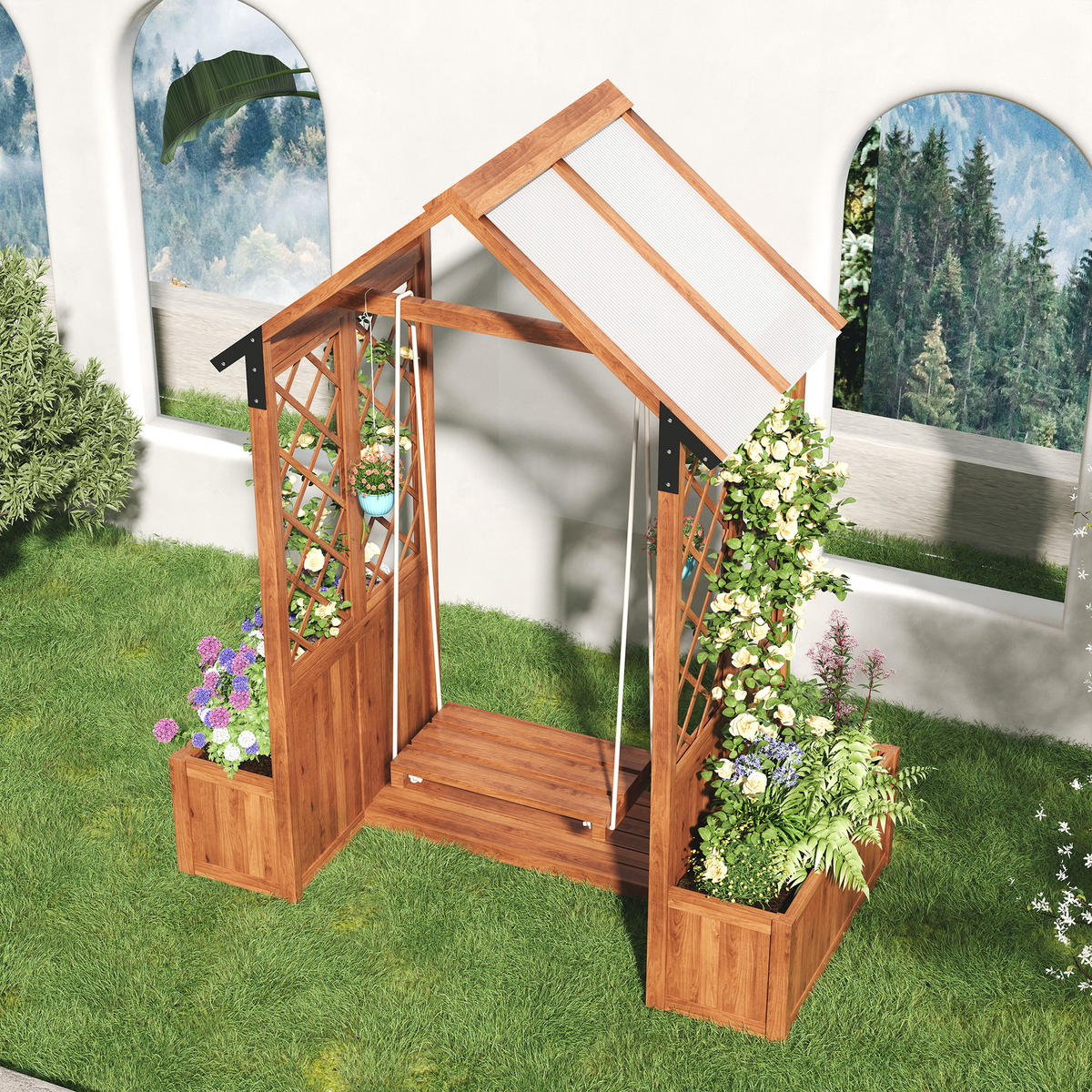 BLUMENTOPF 142/70/163 cm Braun mit Schaukel und Spalier als Kletterhilfe - Braun, Holz (70/163/142cm) - Oxeza