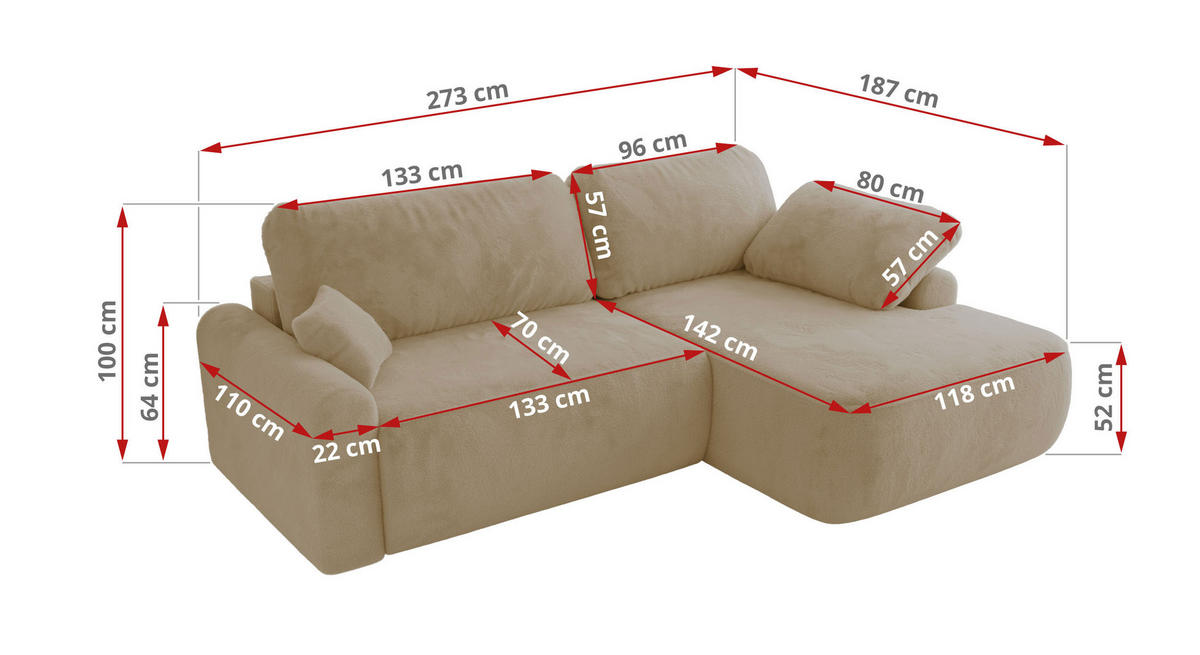 ECKSCHLAFSOFA CUBO L Creme Plüsch - rechts - Creme/Schwarz, Kunststoff/Textil (187/273cm) - MKS