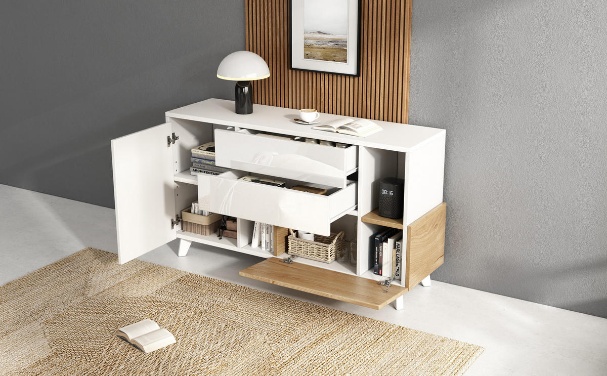 SIDEBOARD 130/40/70 cm, Weiß hochglänzend mit Hell-Eiche Akzenten, 2 Schubladen und Türen, skandinavischer Minimalismus, Weiß und Licht Eiche - Weiß, Holzwerkstoff (130/70/40cm) - Redom