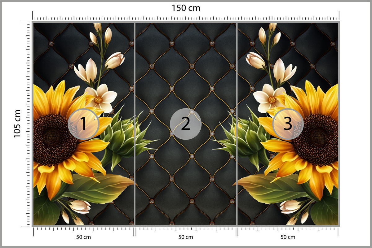 FOTOTAPETE für Küche Blume Sonnenblumen auf gestepptem Hintergrund 150x105 - Gelb/Schwarz, Papier (150/105cm) - Muralo
