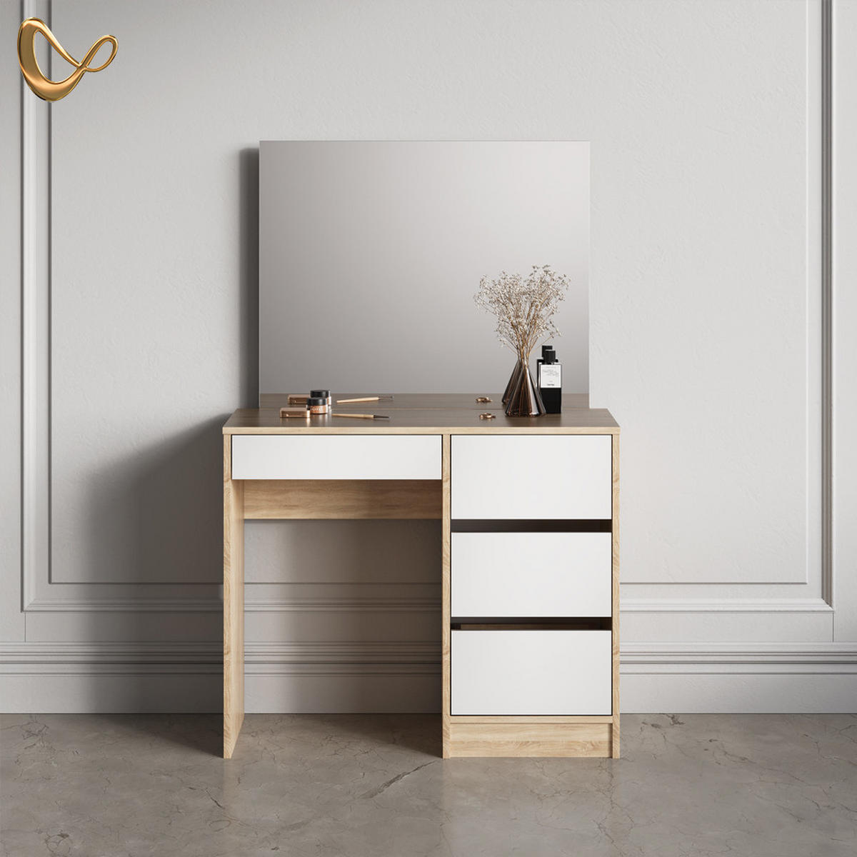 SCHMINKTISCH Imola Sonoma 90 cm mit Spiegel - Weiß/Sonoma Eiche, Holzwerkstoff (90/75/40cm) - Livinity®