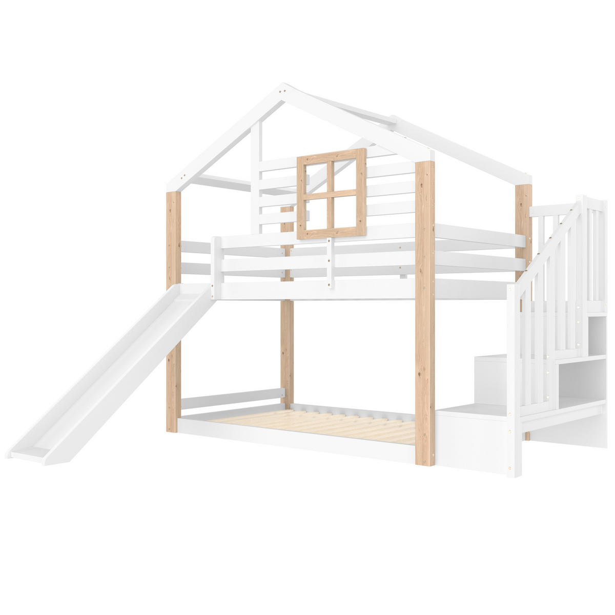 HAUSBETT 90/200 cm Weiß aus Holz mit Rutsche und Treppe mit Stauraum - Weiß, Holz (90/200cm) - Flora Grace