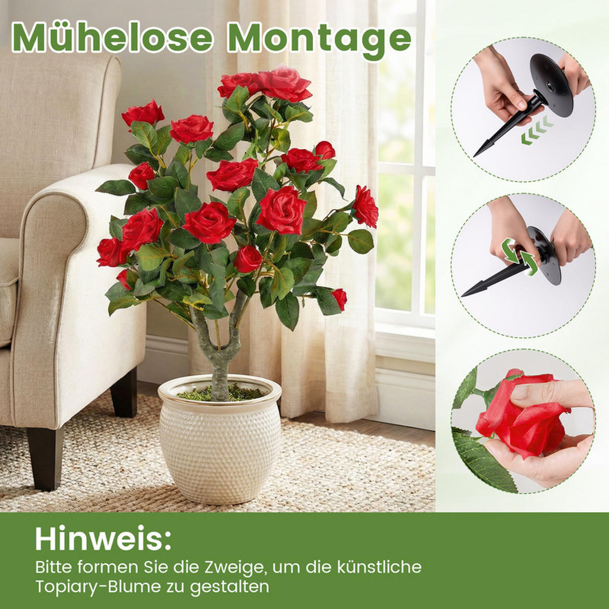 KÜNSTLICHE ROSEN mit Erdspieß rot(2er-Set) - Rot, Kunststoff (80cm) - COSTWAY