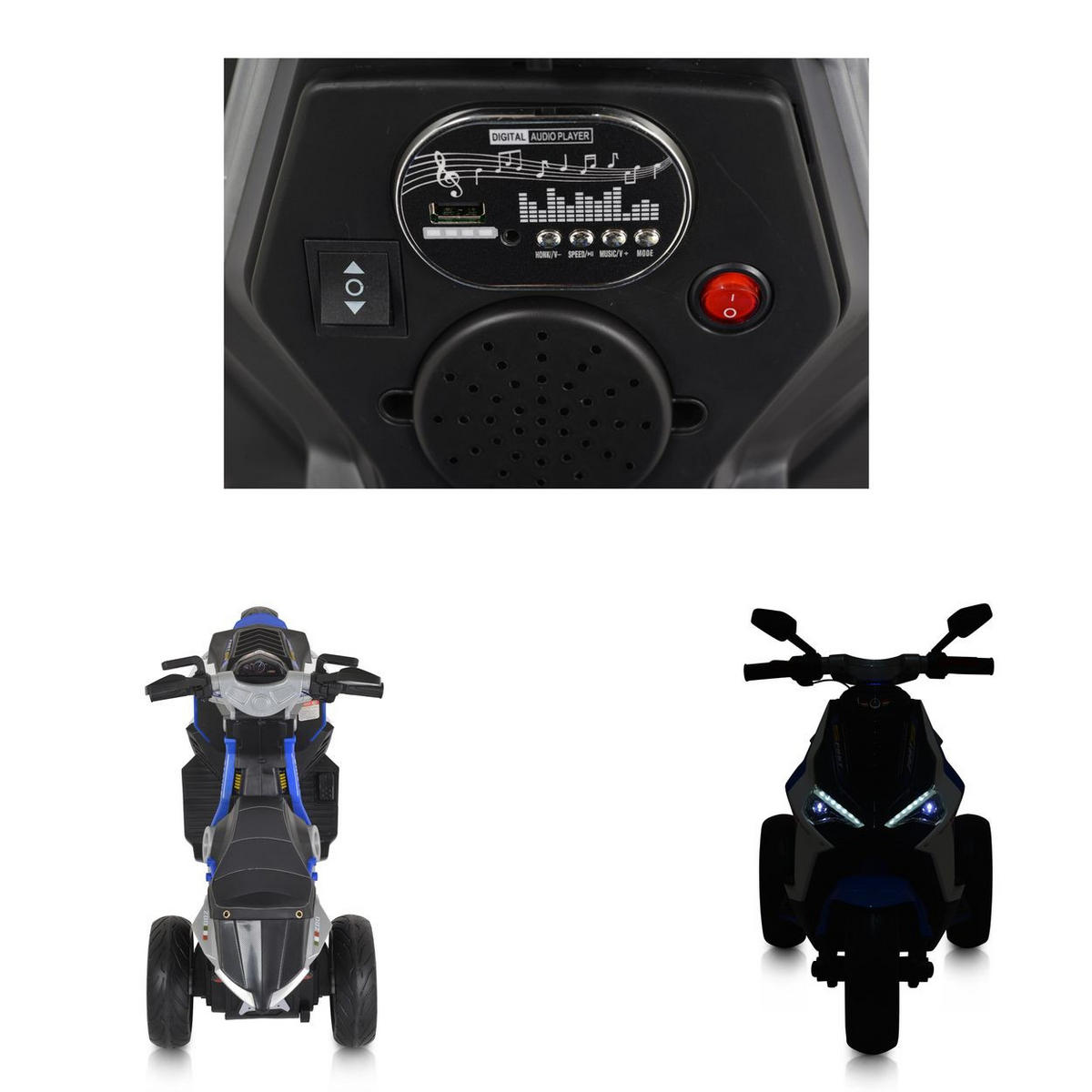 ELEKTROMOTORRAD Napoli blau EVA-Reifen, Musikfunktion, Rückwärtsgang, MP3 - Blau, Kunststoff (115/55/84cm) - Moni