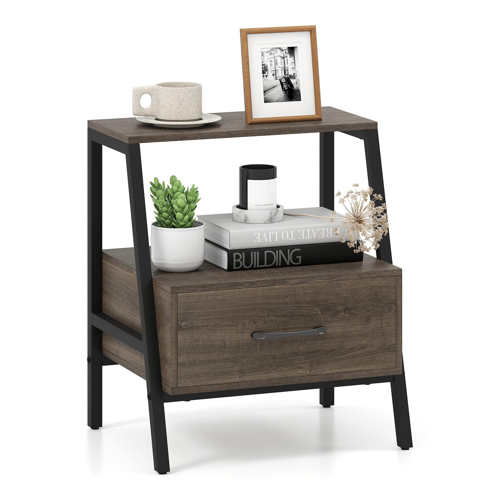 NACHTTISCH mit Schublade, offenes Regal und Metallrahmen, 45 x 35 x 52,5 cm - Grau, Holzwerkstoff (45/52.5/35cm) - DESIGN IN