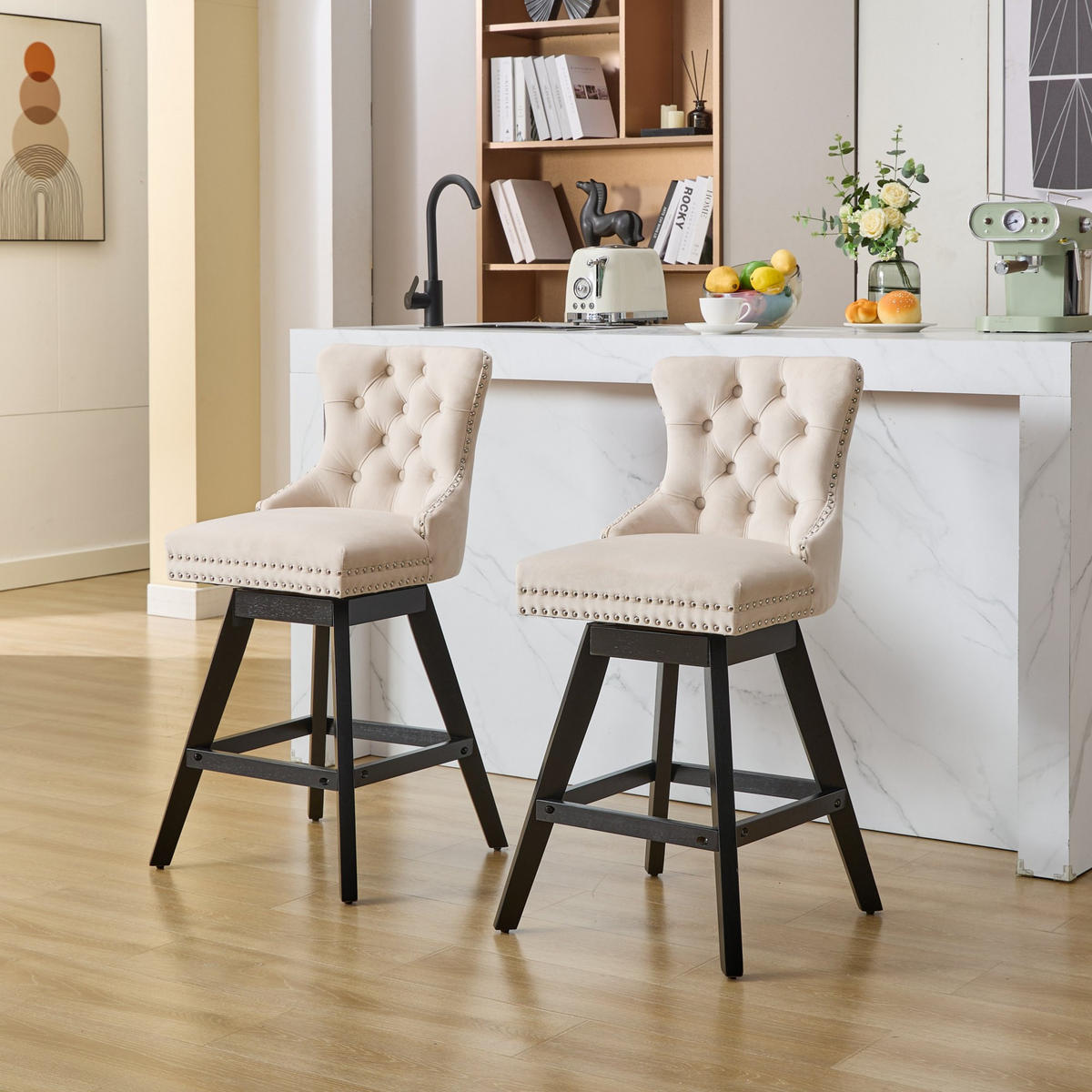 BARHOCKER 2er-Set Beige mit Samtbezug, Rückenlehne und 360° Drehfunktion - Beige, Textil (55/97.5/44.5cm) - PANGIVO