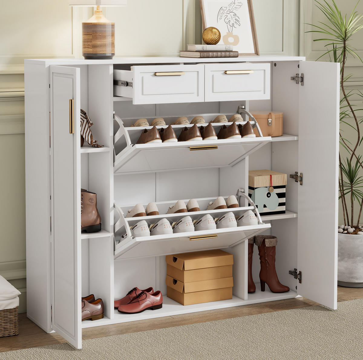SCHUHSCHRANK 120/24/107 cm in Weiß mit 2 Schubladen und verstellbaren Einlegeböden - Weiß, Holzwerkstoff (120/107/24cm) - Flora Grace