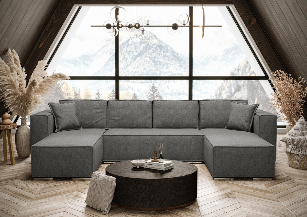 WOHNLANDSCHAFT Vinoria Dunkelgrau 327/180/82 cm mit Schlaffunktion - Chromfarben/Dunkelgrau, Textil/Metall (327/82/180cm) - AX Living