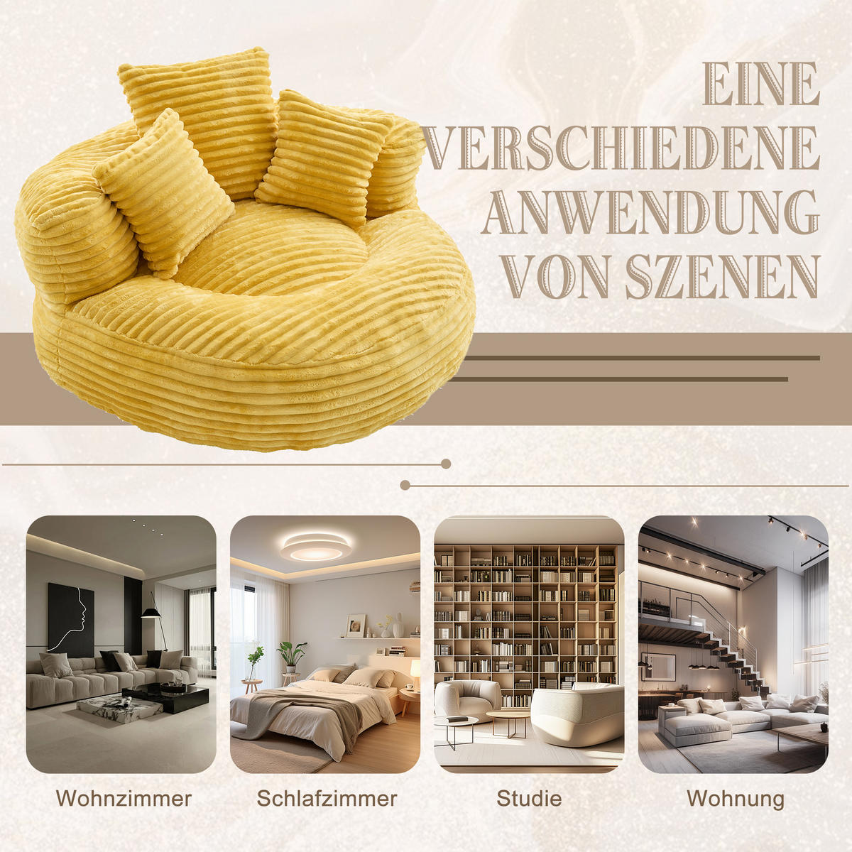 SITZSACK in Chenille mit 3 Kissen - Gelb, Textil (108/52/108cm) - Urban Meuble