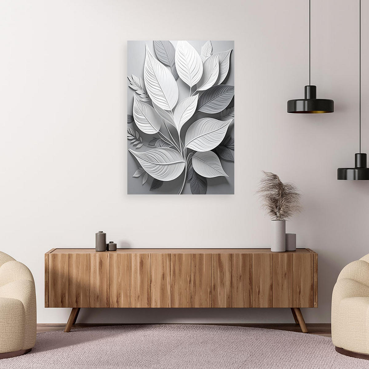 BILD auf Leinwand, Geschichtete Blätter in hellgrauen Farbtönen - Weiß, Textil (70/100cm) - Feeby