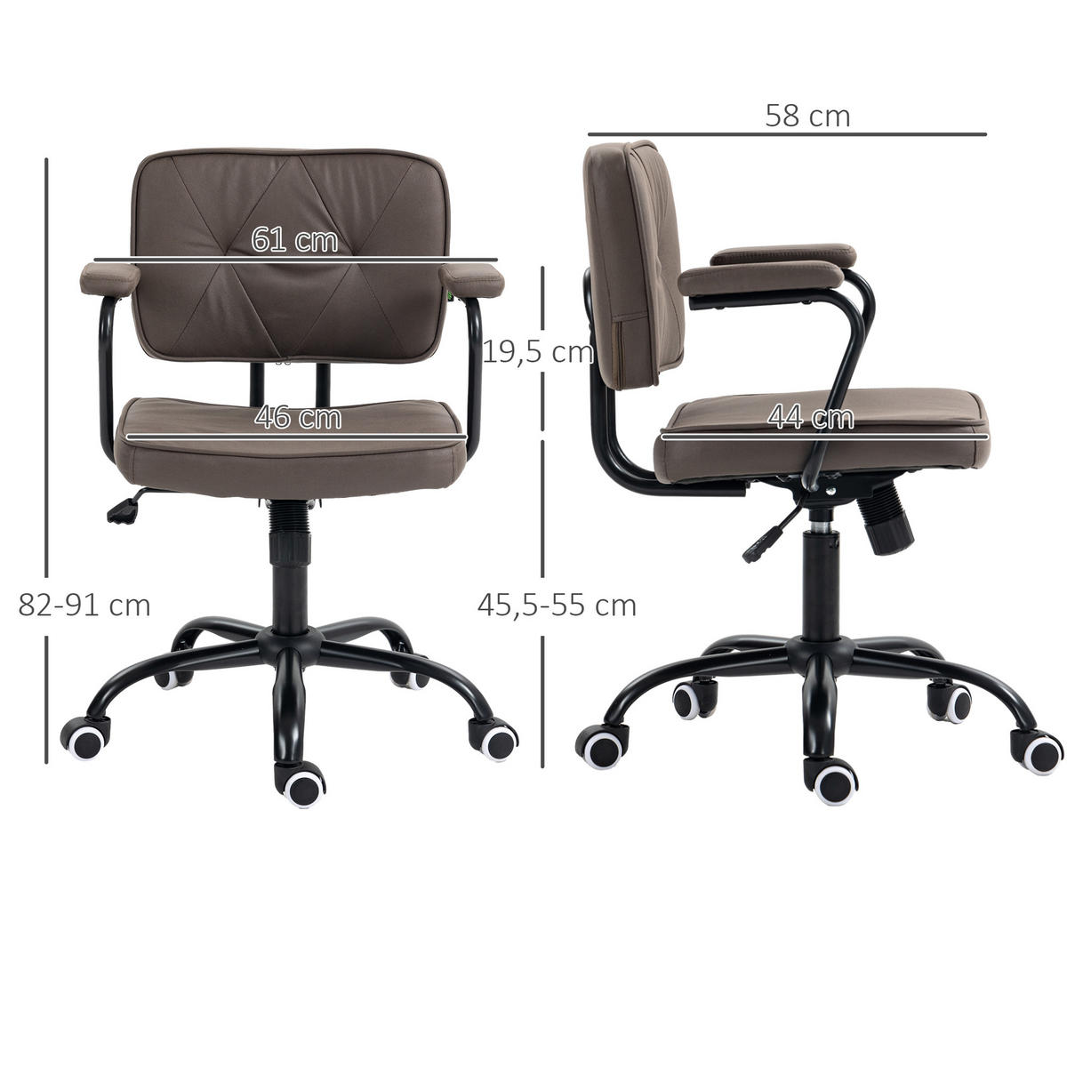 BÜROSTUHL mit Rollen, Drehstuhl, Kaffee - Schwarz, Metall (58/91/61cm) - Vinsetto