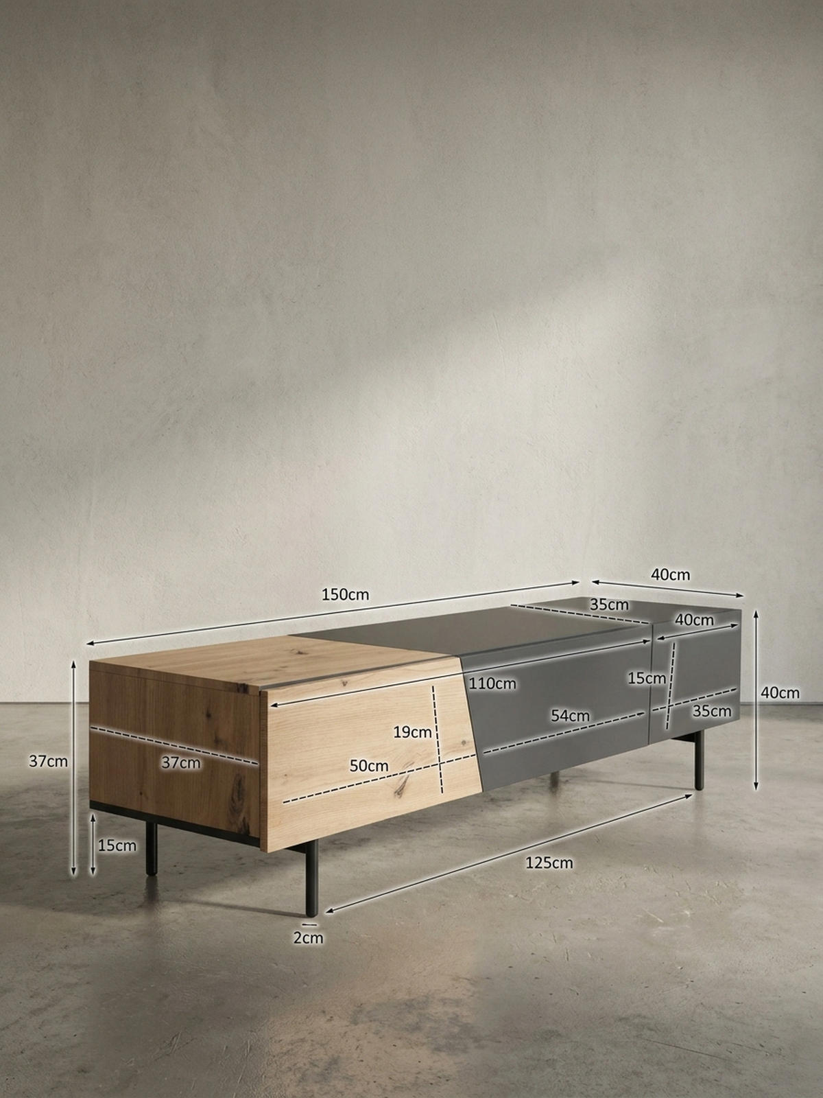 TV-LOWBOARD mit Eiche-Dekor, Türen und Schublade, modern, Braun-Schwarz 150x40x40 cm - Schwarz/Braun, Holzwerkstoff/Metall (150/40/40cm) - KADIMA DESIGN