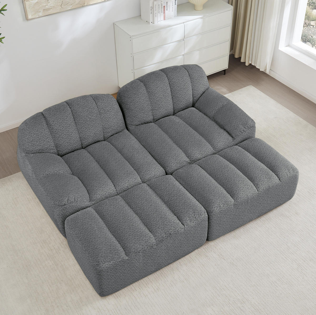SOFA 210/165/79 cm in Grau aus granuliertem Fleece mit Ottoman - Grau, Textil (165/79/210cm) - Flora Grace