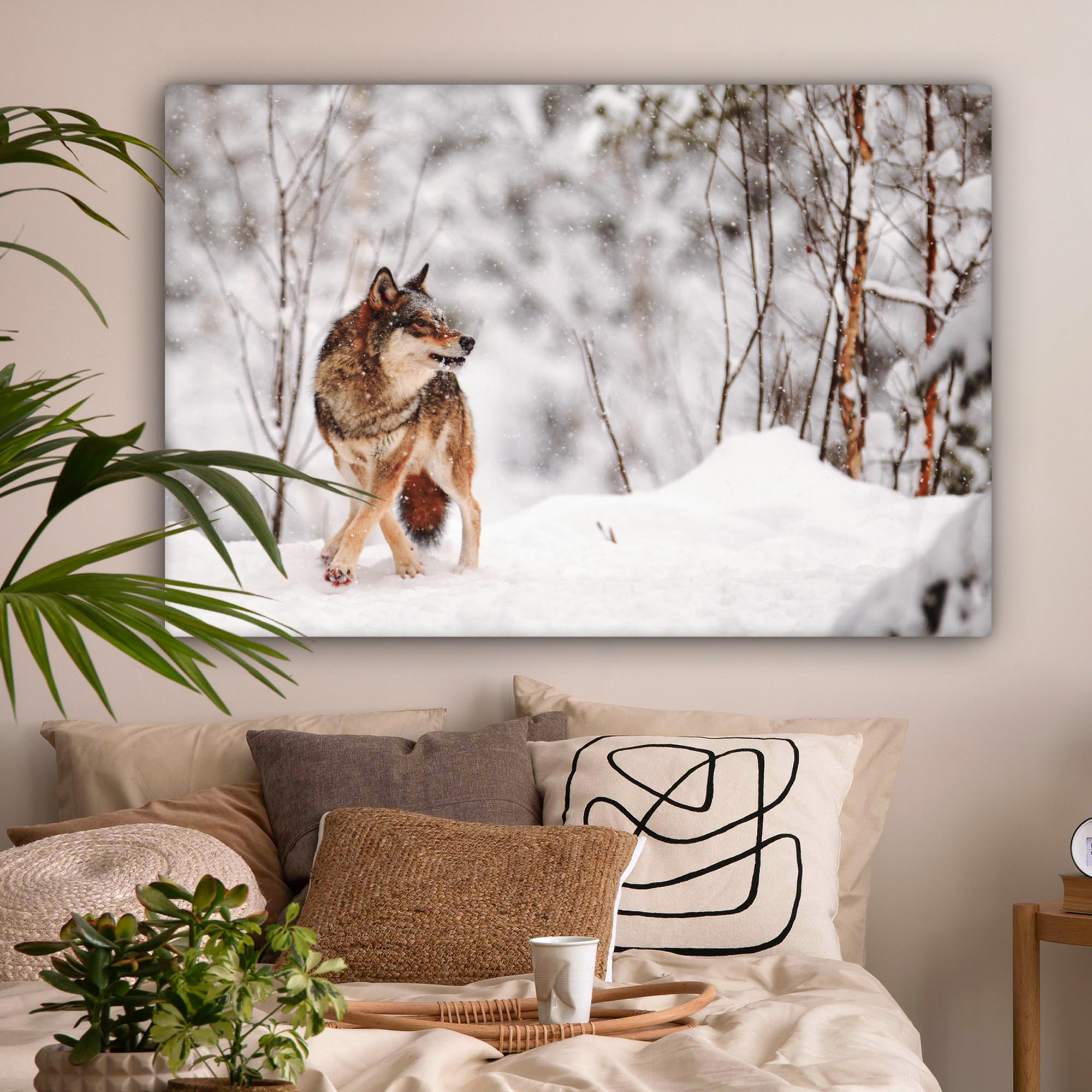 LEINWANDBILD Wolf - Winter - Schnee - Natur - Tiere Wohnzimmer 120x80 cm - Haselnussfarben, Textil (120/80cm) - MuchoWow
