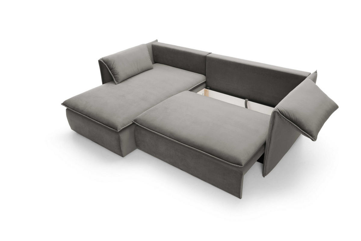 ECKSOFA PREGIO Grau Plüsch-Stoff mit Schlaffunktion - Grau, Holz (230/166cm) - MASSENO