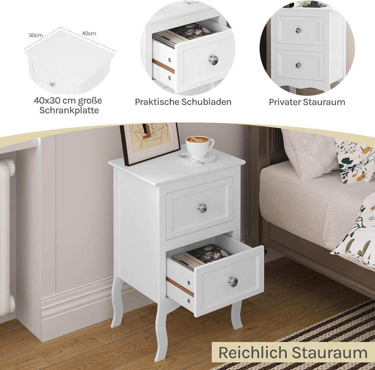 NACHTSCHRANK 2er Set 30/40/60 cm, aus MDF, Weiß - Weiß, Holzwerkstoff/Metall (40/60/30cm) - Woltu