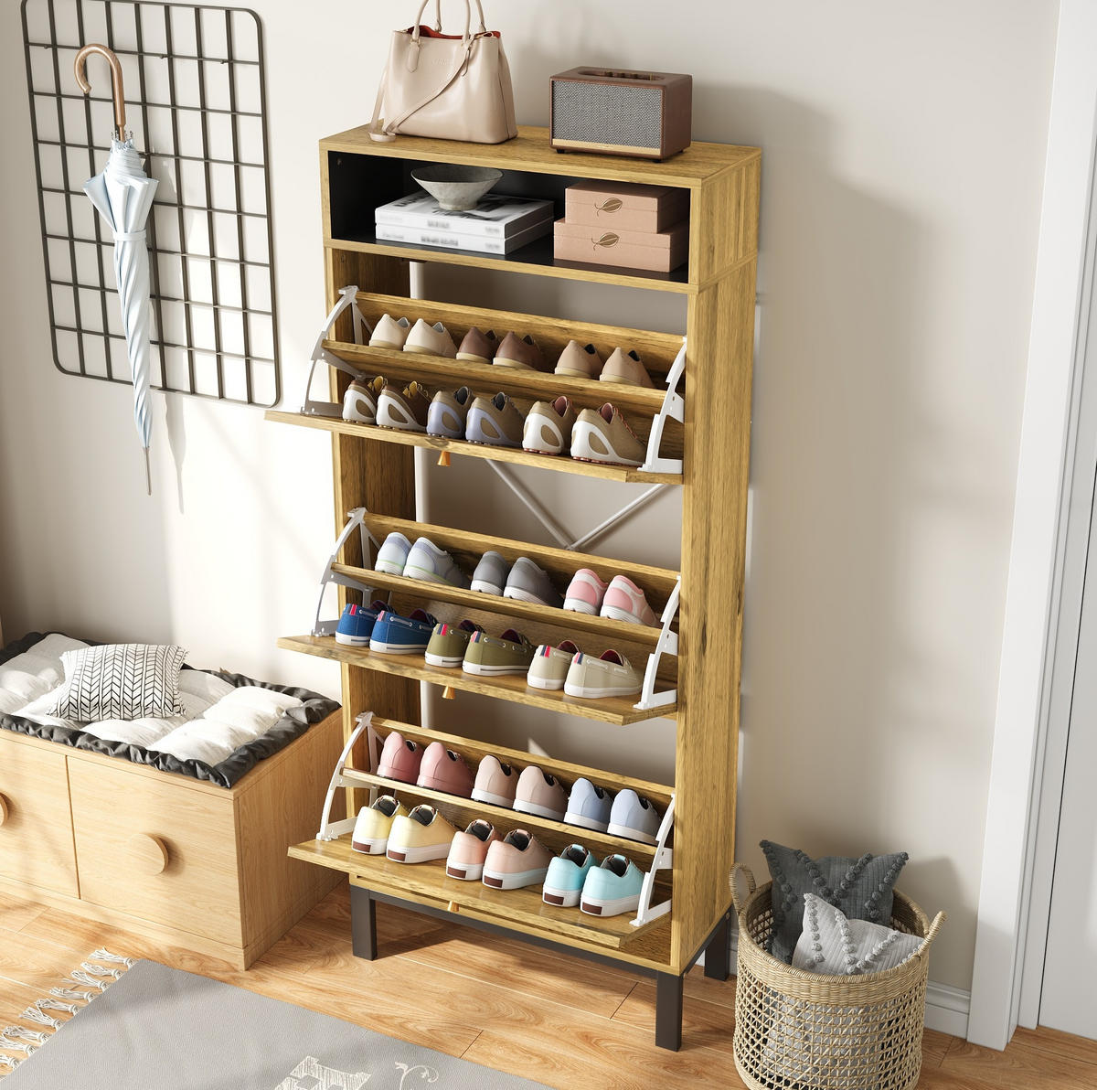 SCHUHSCHRANK 63/24/147 cm aus MDF mit 3 Klappen und offenen Fächern, platzsparend in natürlicher Holzoptik, Natur - Naturfarben, Holzwerkstoff (63/147/24cm) - Redom