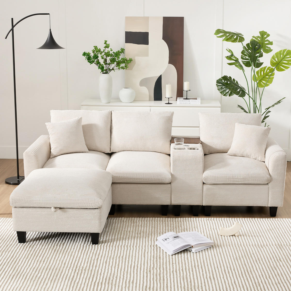 ECKSOFA L-Form Cord mit Konsole und USB-Anschluss inklusive Hocker 229/149,5/83 cm Beige - Beige, Kunststoff/Textil (83/149.5cm) - Redom