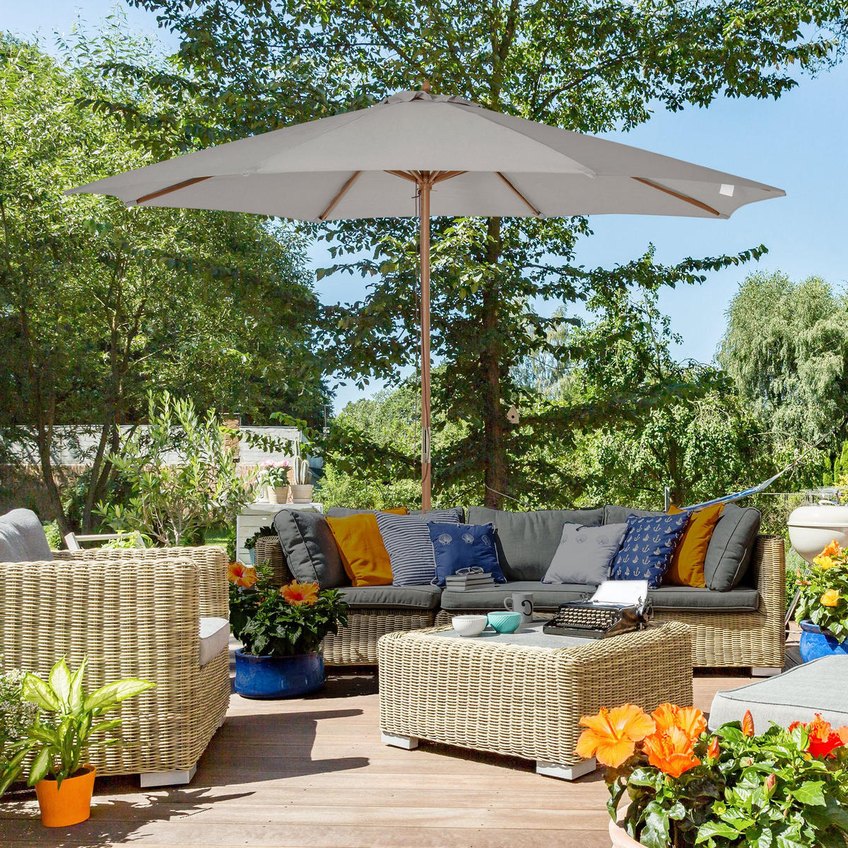 SONNENSCHIRM, Bambus, Polyester, Grau - Grau, Naturmaterialien/Holz (300/300cm) - Outsunny