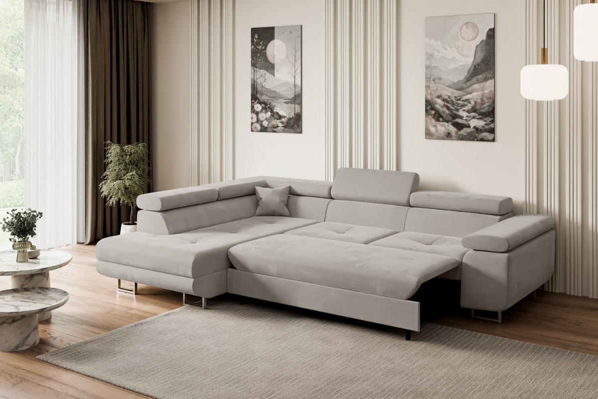 ECKSOFA mit Schlaffunktion und Bettkasten GUSA-L 272x202x107 cm Hellbraun Velours - Hellbraun/Silberfarben, Holzwerkstoff/Textil (202/272cm) - ALTDECOR