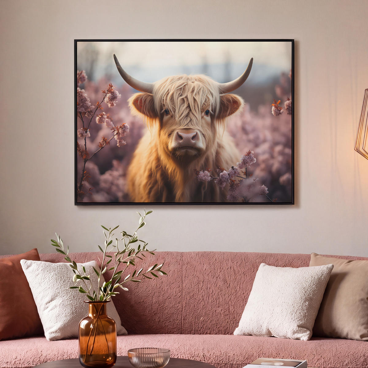 LEINWAND Bilder mit Rahmen - Schottischer Hochländer - Frühling - Hochland - 100x70 - Hellrosa, Textil (100/70cm) - MuchoWow