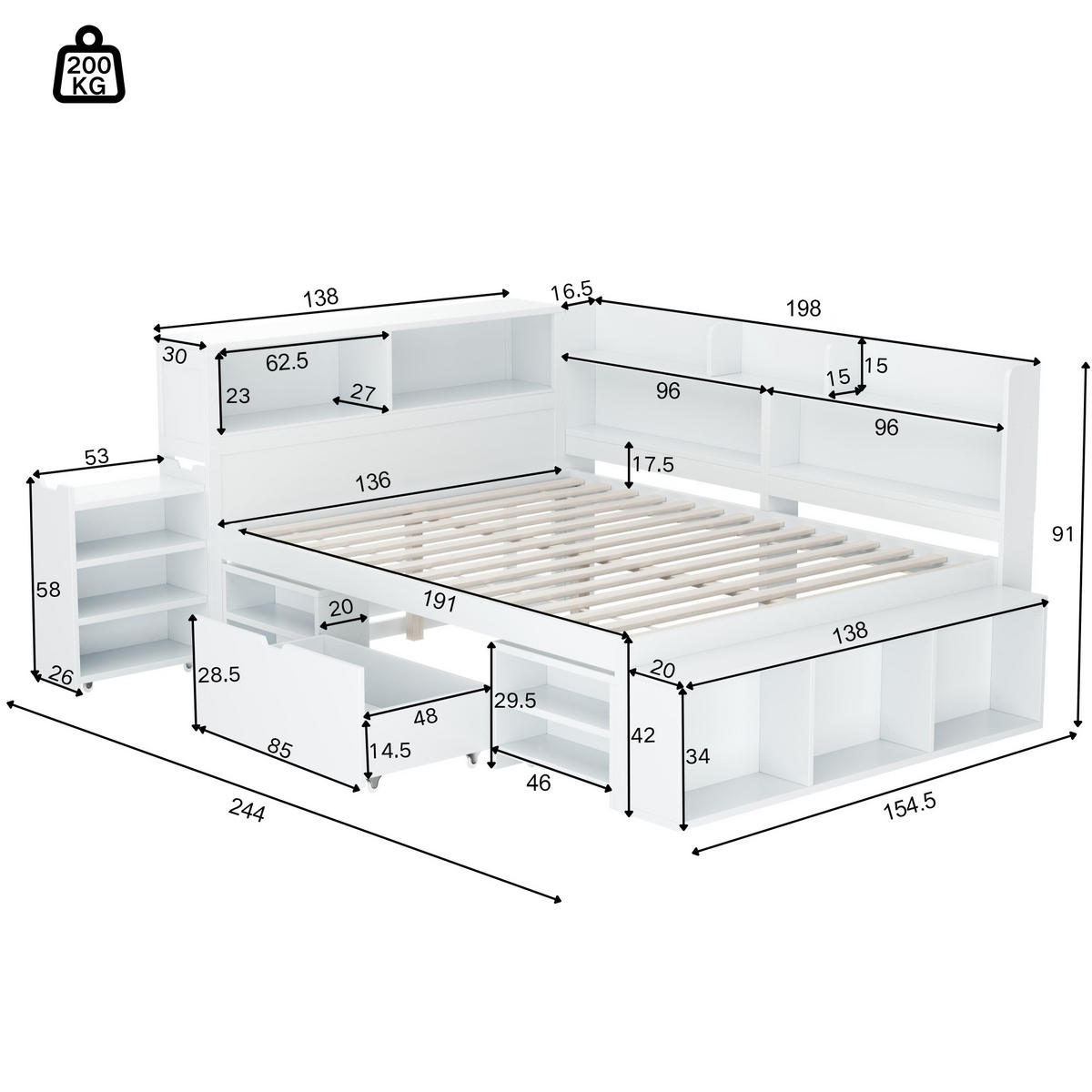 KINDERBETT 135/190 cm Weiß mit Stauraum aus Sperrholz - Weiß, Holzwerkstoff (135/190cm) - OKWISH
