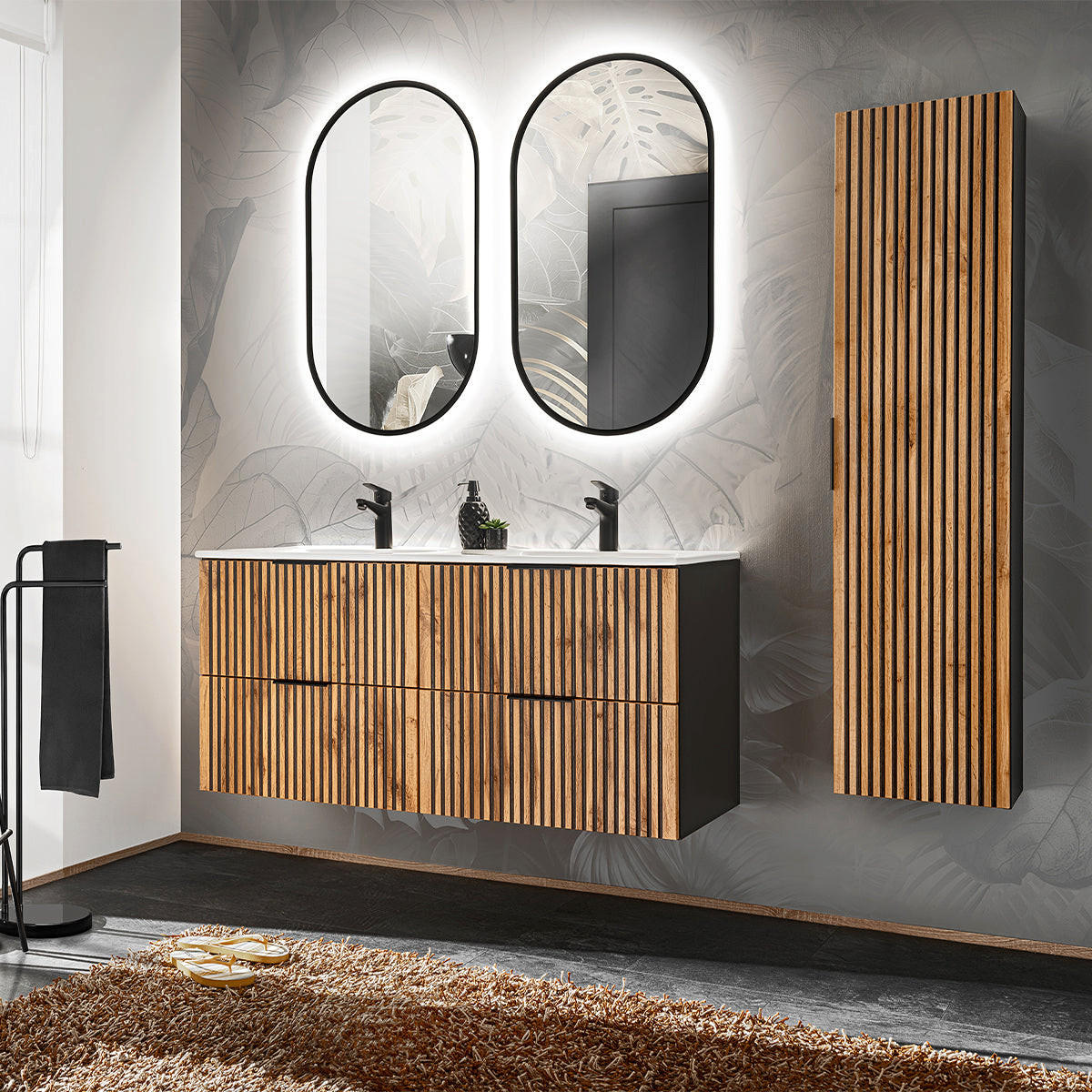 BADMÖBEL 120.4cm Gaia 2er-Set Holz in Eichenoptik und Schwarz - Schwarz, Holzwerkstoff (120.4/57/46cm) - Petits-meubles