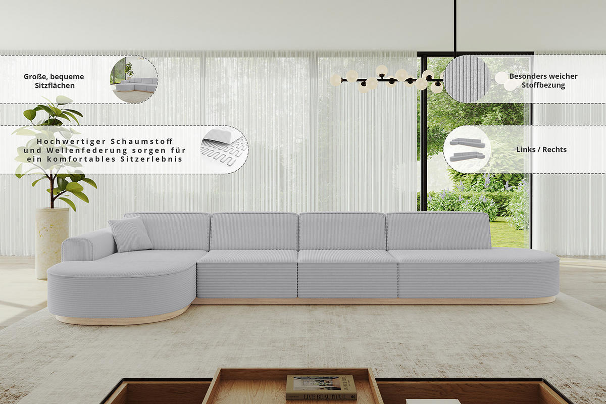 ECKSOFA Ottomane Rechts MARI-L3 - 402x163x81 cm Weiß Bouclé - Schwarz/Weiß, Holzwerkstoff/Kunststoff (402/163cm) - ALTDECOR