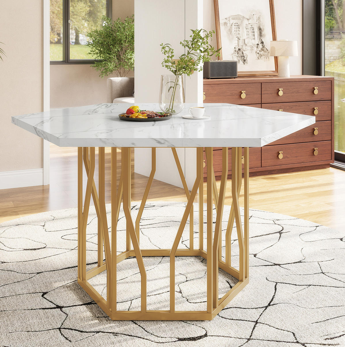 ESSTISCH 115,5/75/100 cm Weiß/Gold aus MDF und Stahl mit Marmoroptik - Weiß, Holzwerkstoff (100/115.5/75cm) - OKMYHOME