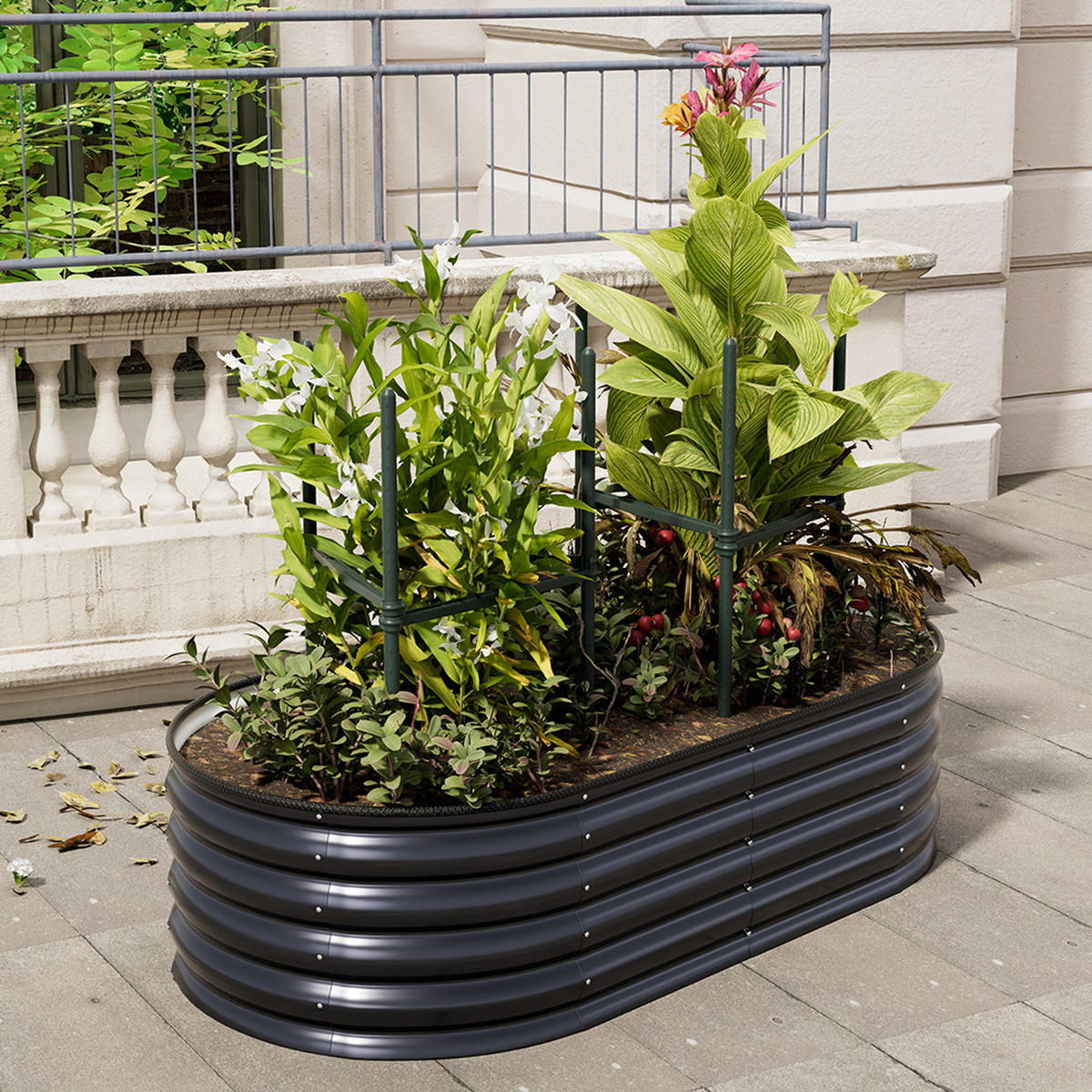HOCHBEET-PFLANZKASTEN mit Pflanzenstütze aus verzinktem Stahl in Anthrazit Ovalen Blumenkasten für Garten Balkon 160 × 80 × 42 cm 8,3 kg - Dunkelgrau, Metall (80/42/160cm) - Livingandhome