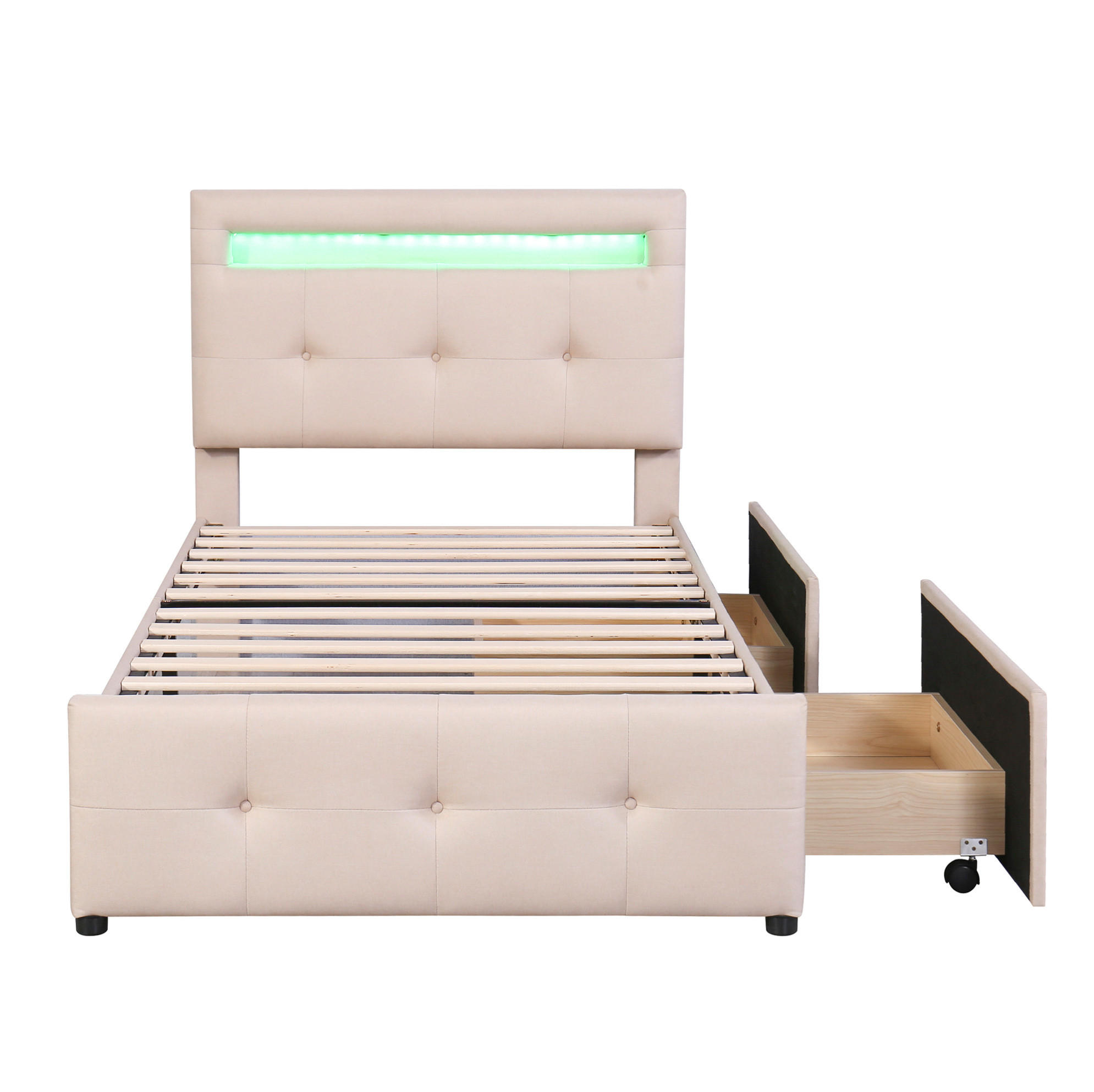 POLSTERBETT 90/200 cm mit LED-Beleuchtung und 2 Schubladen, höhenverstellbares Kopfteil, Beige - Beige, Holzwerkstoff (90/200cm) - Redom