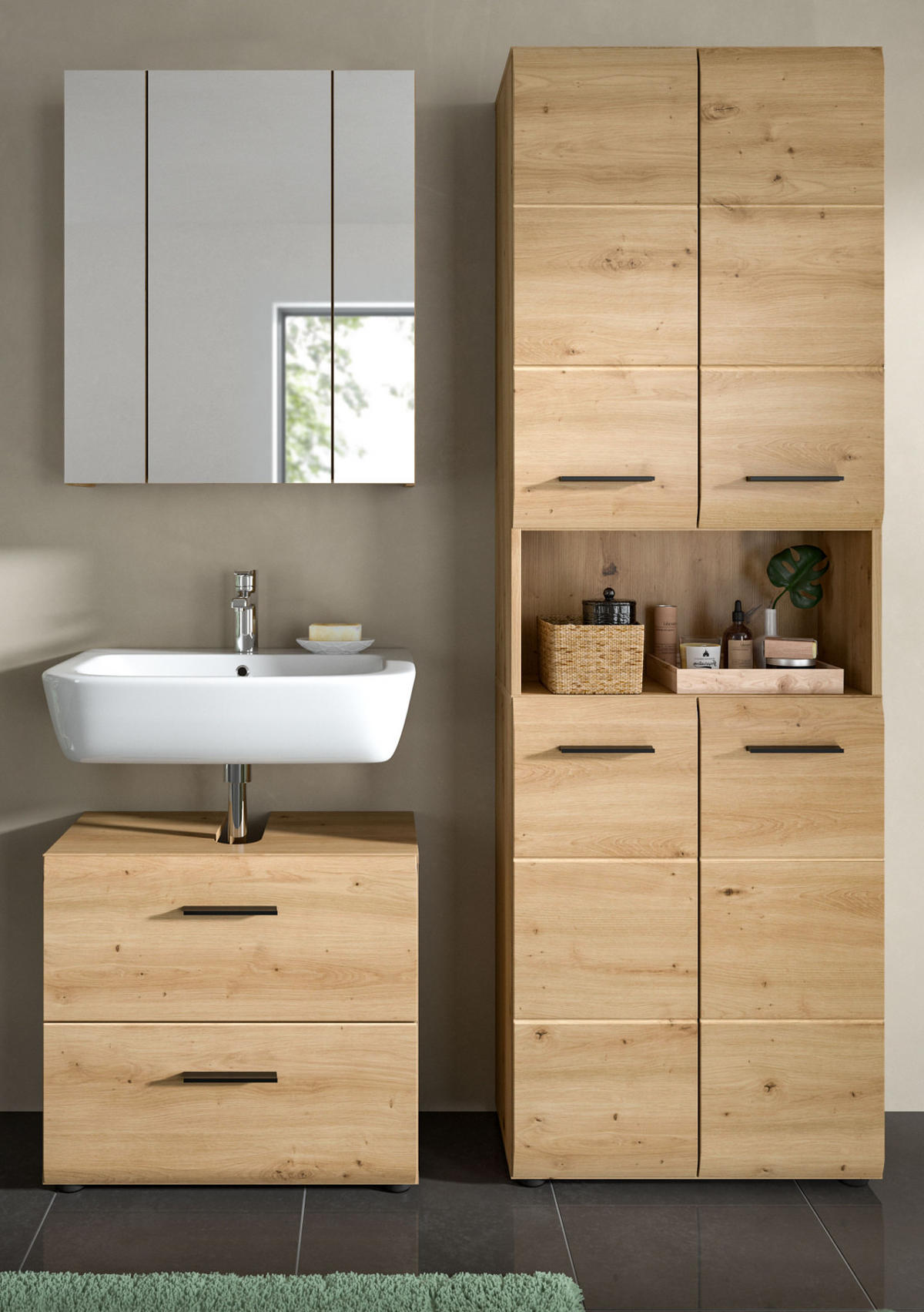 BADMÖBEL SET 3-teilig in Artisan Eiche, Badkombination 135 x 185 cm, Cover - Schwarz/Eiche Artisan, Glas/Holzwerkstoff (135/185/30cm) - Inn.Furn