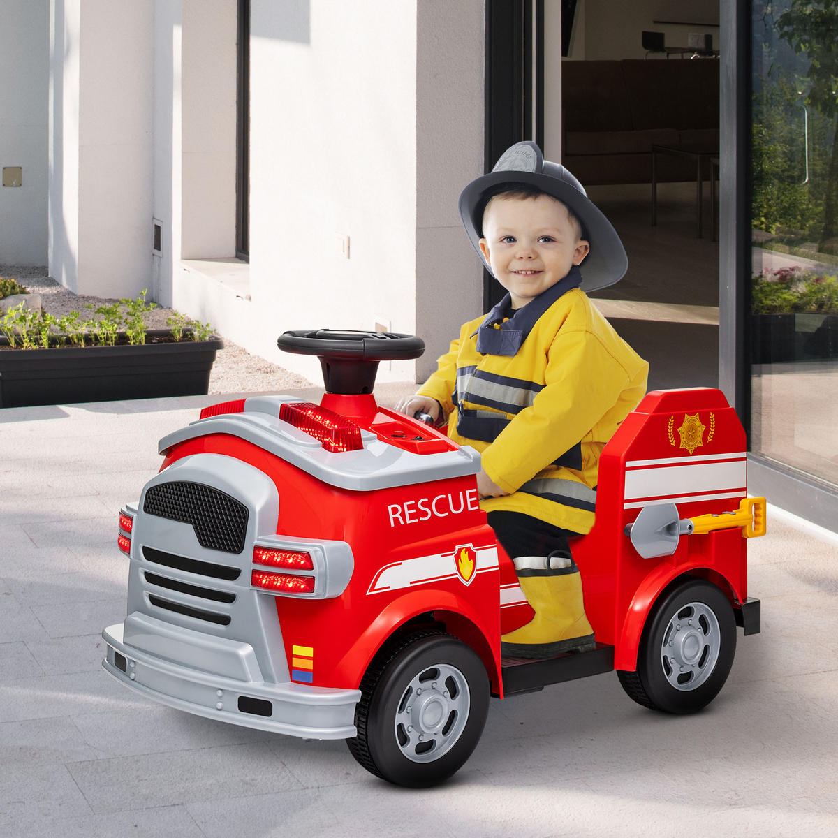 FEUERWEHRAUTO, Elektro-Kinderauto, max. 3 km/h, Sirene, Blaulicht, Werkzeuge, für Kinder 3-5 Jahre - Rot, Kunststoff/Metall (86/49/52cm) - AIYAPLAY