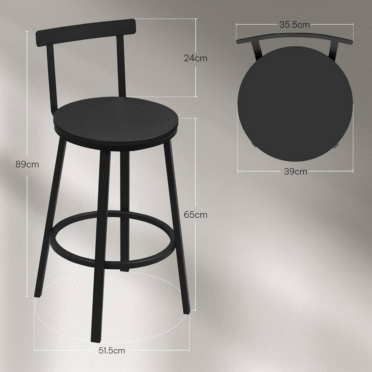 BARHOCKER 6er Set mit Lehne, Schwarz - Schwarz, Holzwerkstoff/Metall (51.5/89/51.5cm) - Woltu