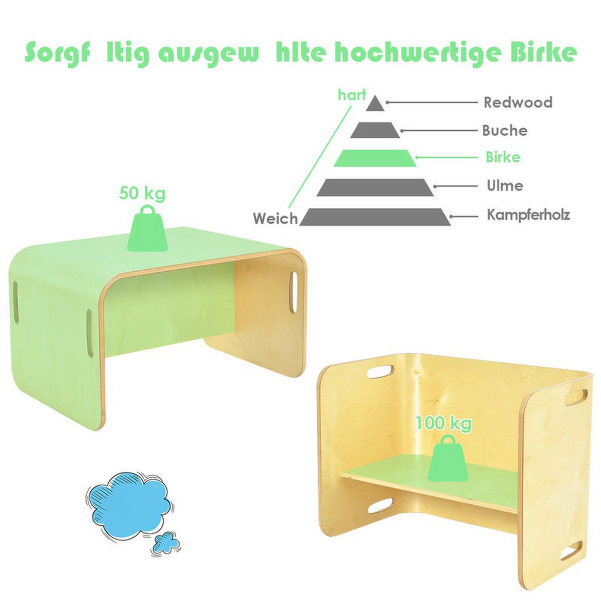 KINDERTISCH‑SET aus Birkenholz natur(3-tlg) - Naturfarben, Holz (66/51/41cm) - COSTWAY