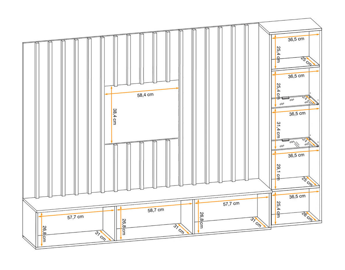 WOHNWAND schwarz, Eiche Jackson 220 cm, Schrankwand mit LED Beleuchtung - Eichefarben/Schwarz, Glas/Holzwerkstoff (220/148/35cm) - Furn.Design