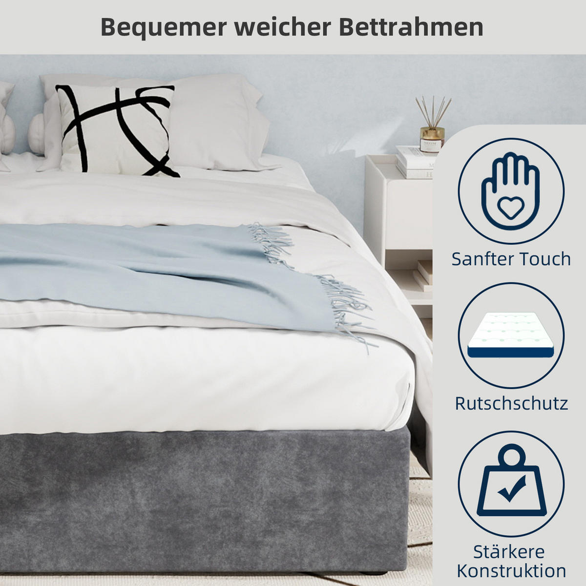 POSTEĽNÝ rám 160/200 cm sivý bez čela s plynovým zdvihom z látky a kovu - sivá, textil (160/200cm) - OKWISH