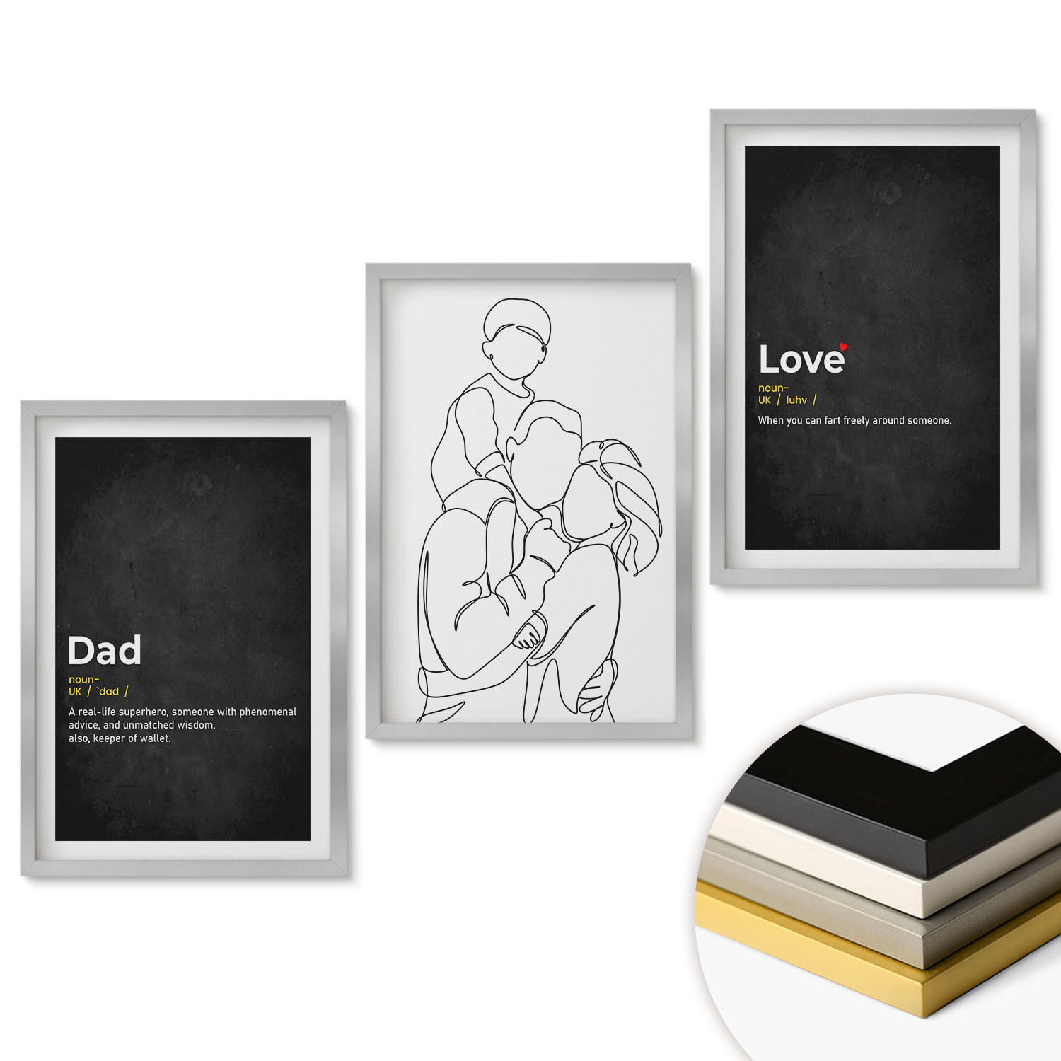 WANDBILDER 3er Set - 40x60 cm Silberner Rahmen - Familiengeschichte, Kunst, Liebe, Vaterschaft - Silberfarben, Kunststoff (40/60cm) - ArtPrintCave