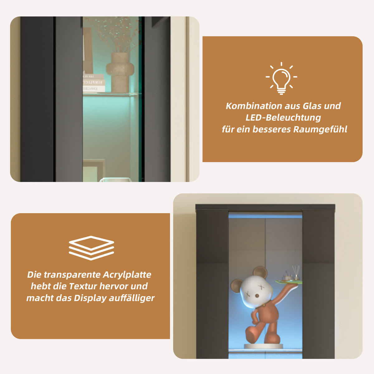 VITRINE mit Acrylglas 4 Ebenen LED Farbwechsel Fernbedienung/APP Spanplatte Transparent Design - Transparent/Schwarz, Glas/Holzwerkstoff (40/170/29cm) - EVRYAE