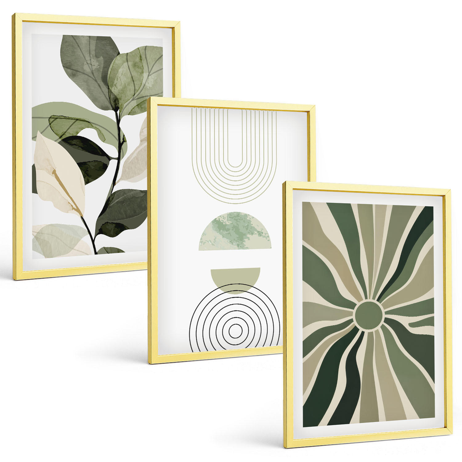 BILDER SET 3er Set - 40x60 cm Goldrahmen - Pflanzenmotive, Geometrie, Grün - Goldfarben, Kunststoff (40/60cm) - TULUP
